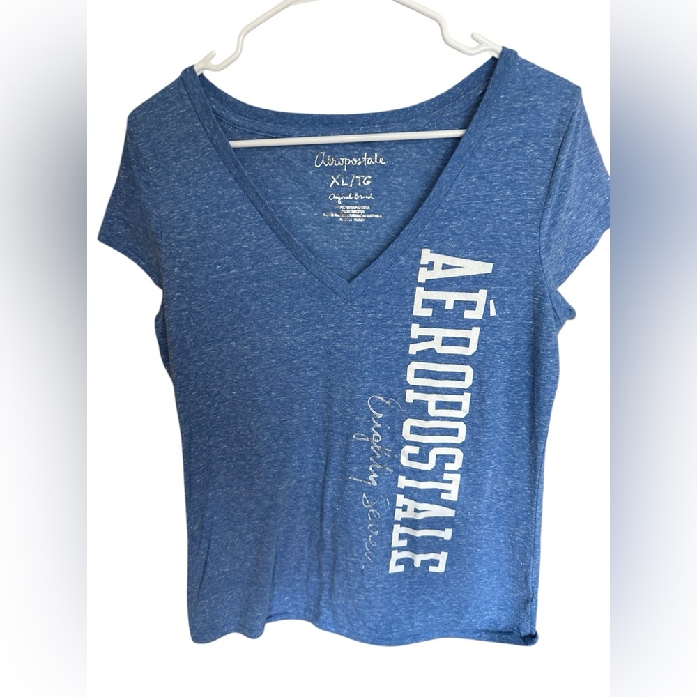 Aeropostale Shimmery Blue V-Neck Logo Tee